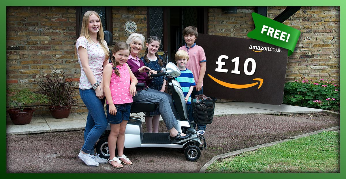 A family with a scooter and a £10 Amazon voucher around a green border
