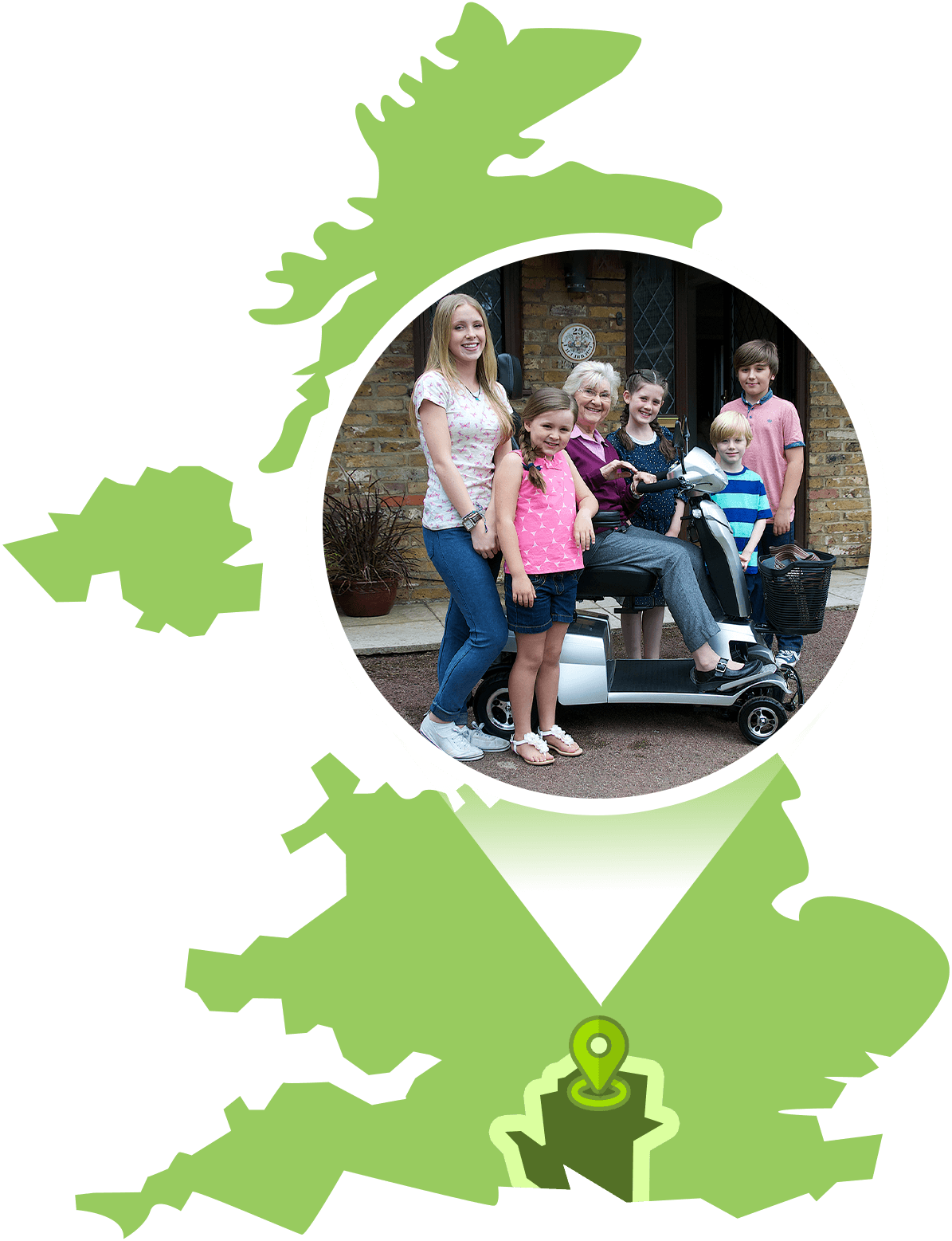 A map of the UK with a large map marker of a family photo with a scooter, pointing to Southampton