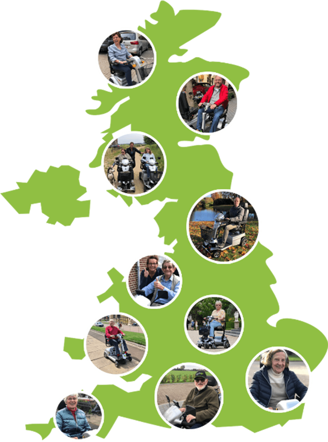 A map of the UK with multiple map markers dotted around the country of various people with Quingo Scooters