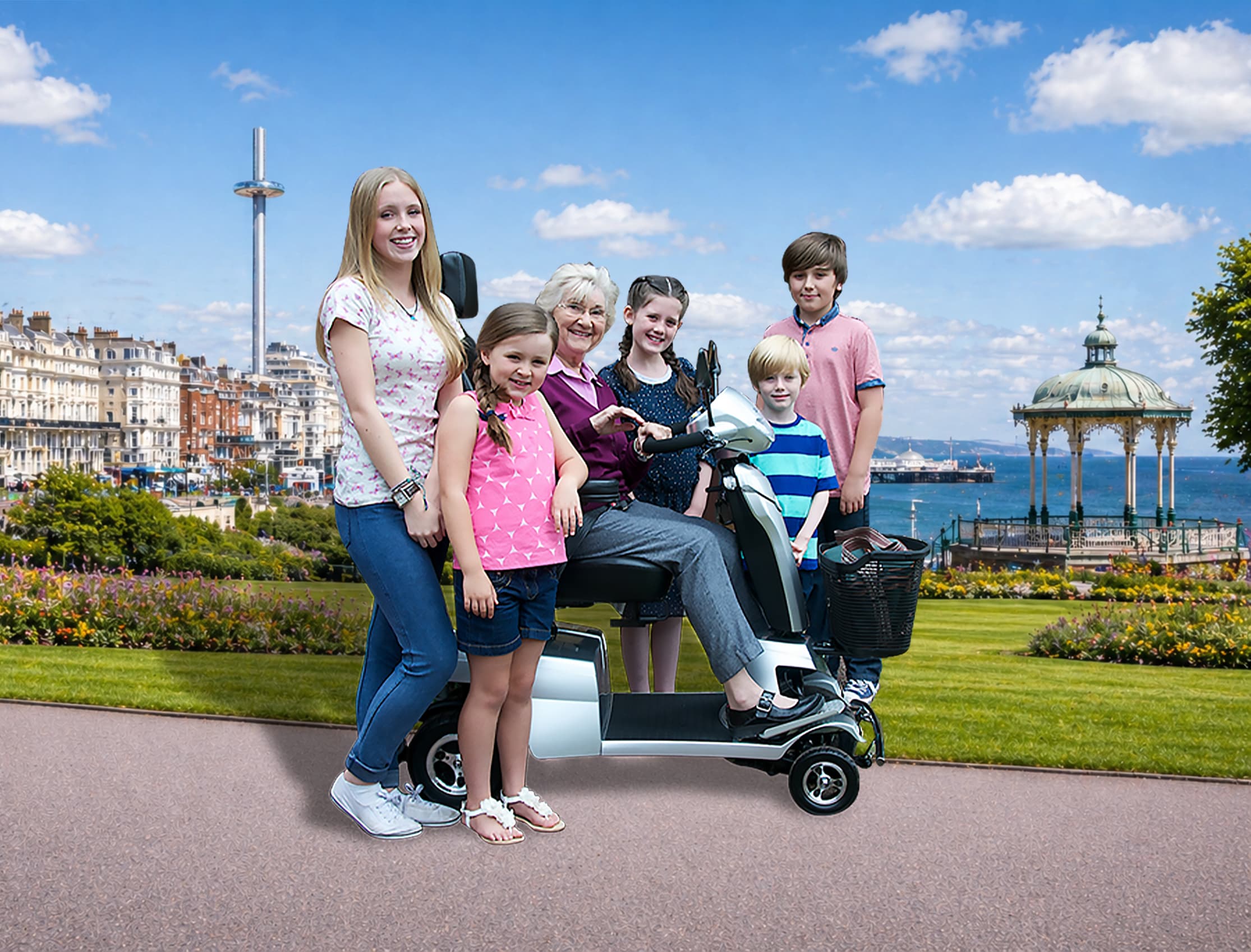 A family with a mobility scooter in Brighton