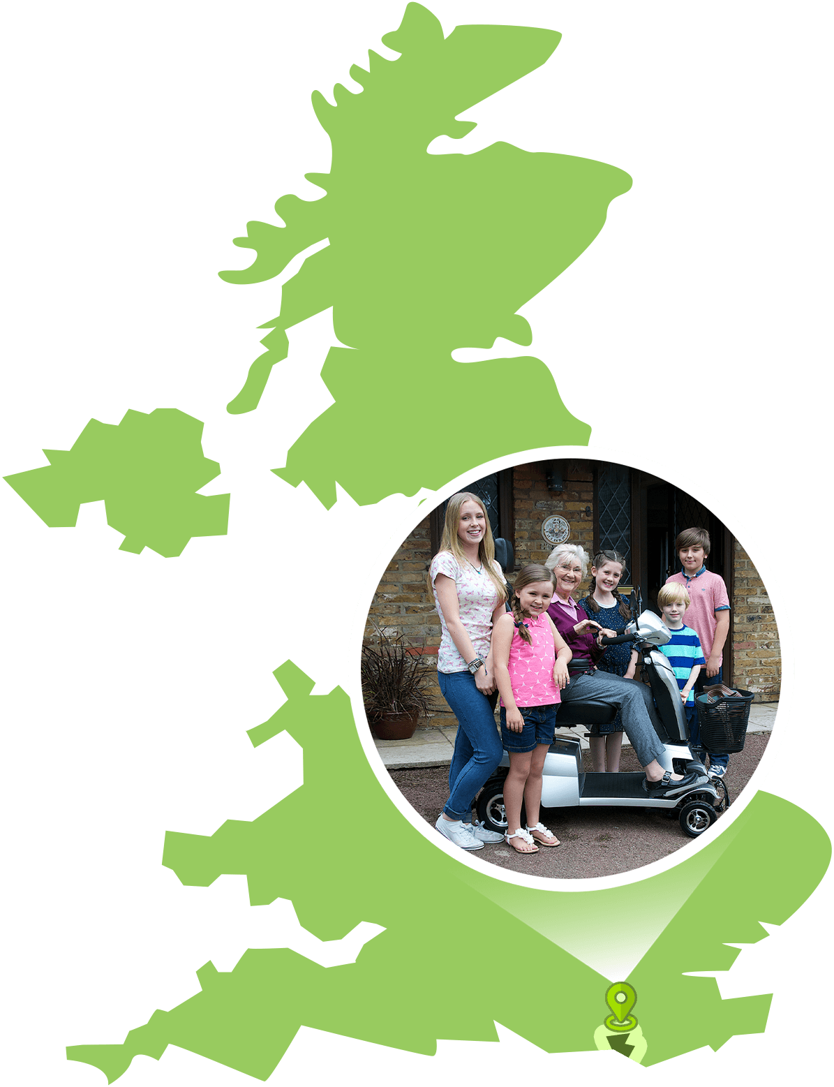A map of the UK with a large map marker of a family photo with a scooter, pointing to Brighton