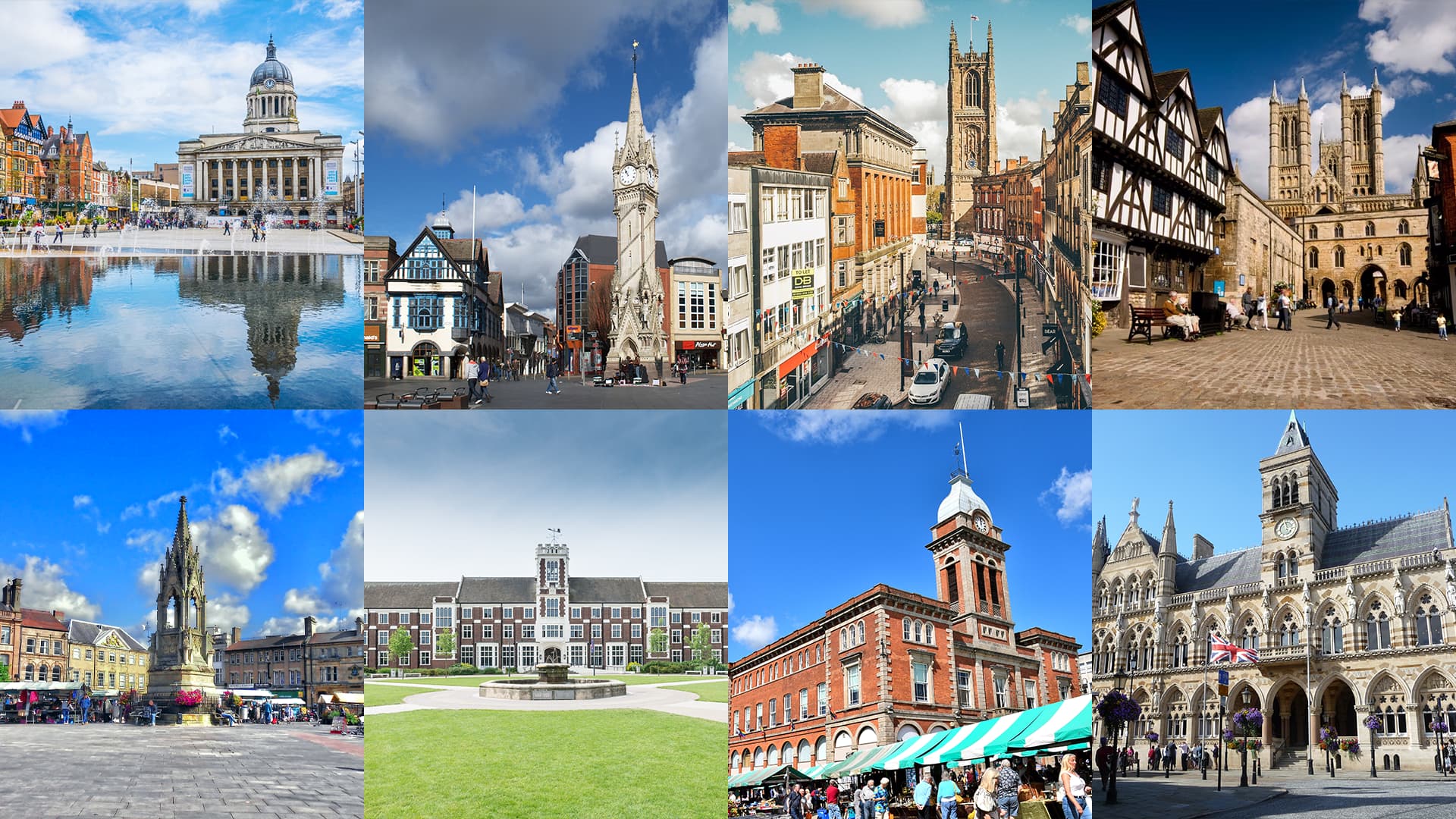 Eight different landmarks located within the East Midlands