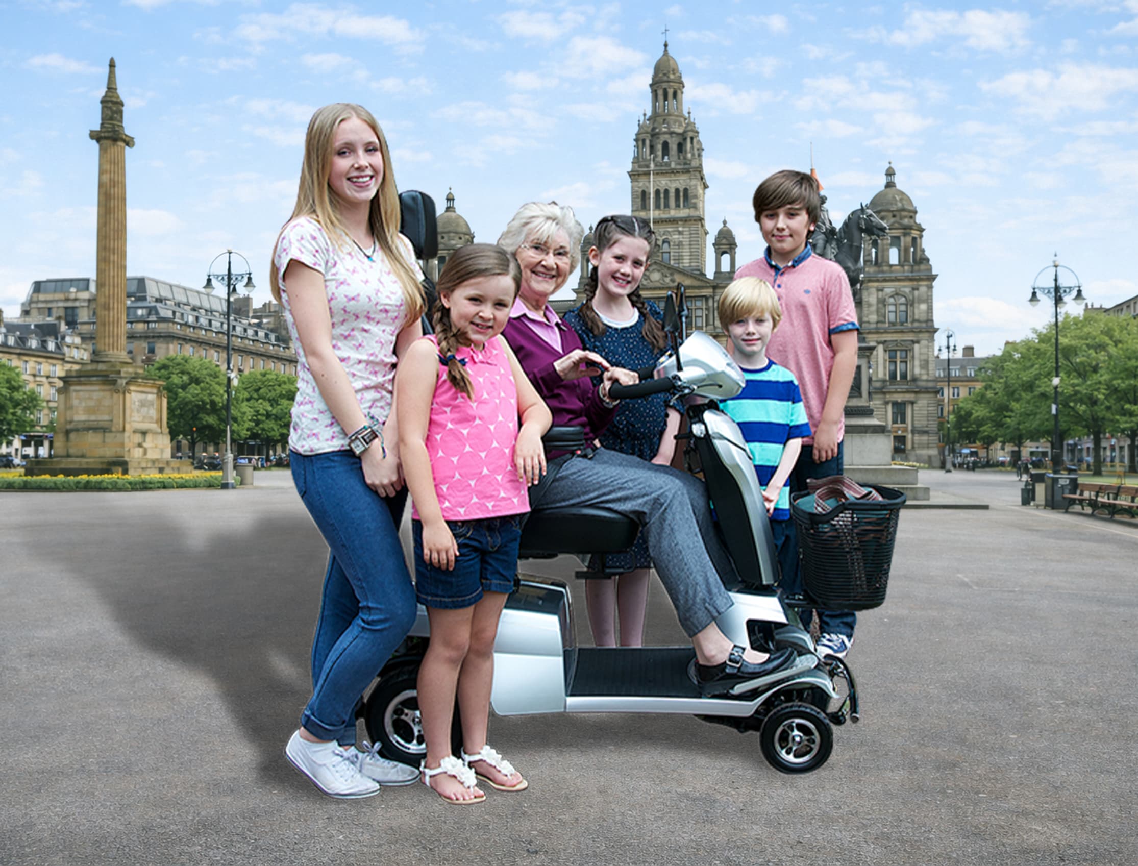 A family with a mobility scooter in Glasgow