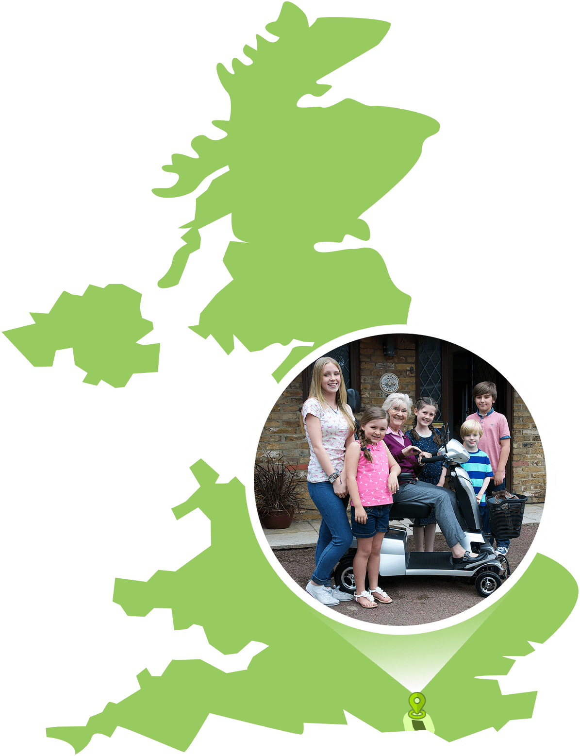 A map of the UK with a large map marker of a family photo with a scooter, pointing to Hove