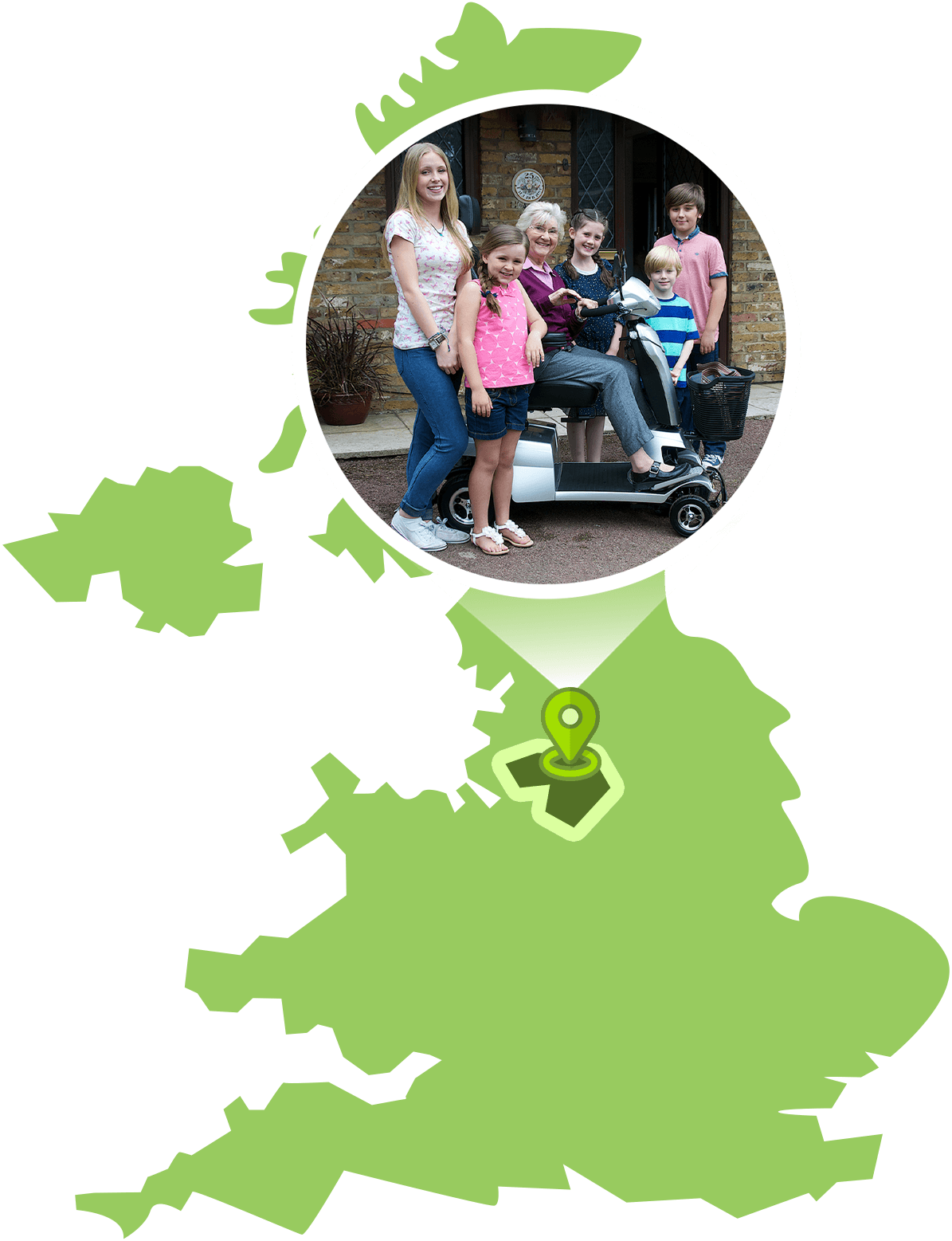 A map of the UK with a large map marker of a family photo with a scooter, pointing to Manchester