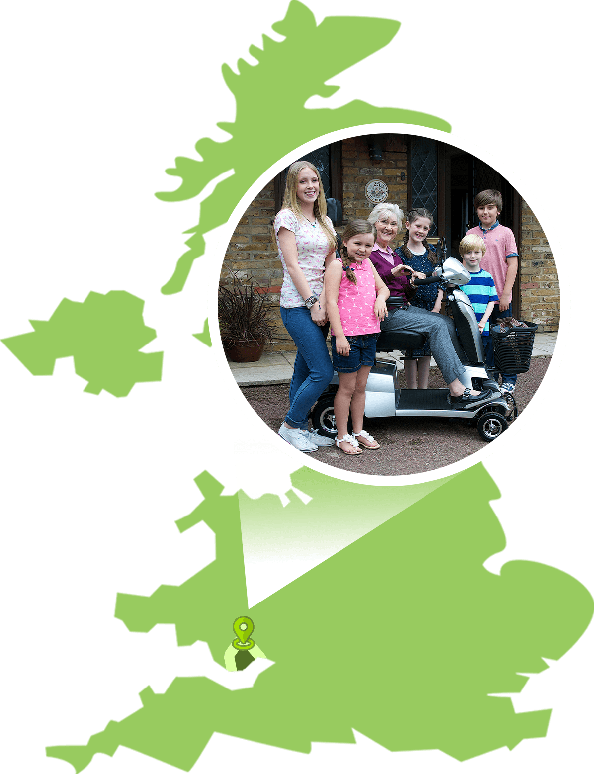 A map of the UK with a large map marker of a family photo with a scooter, pointing to Cardiff
