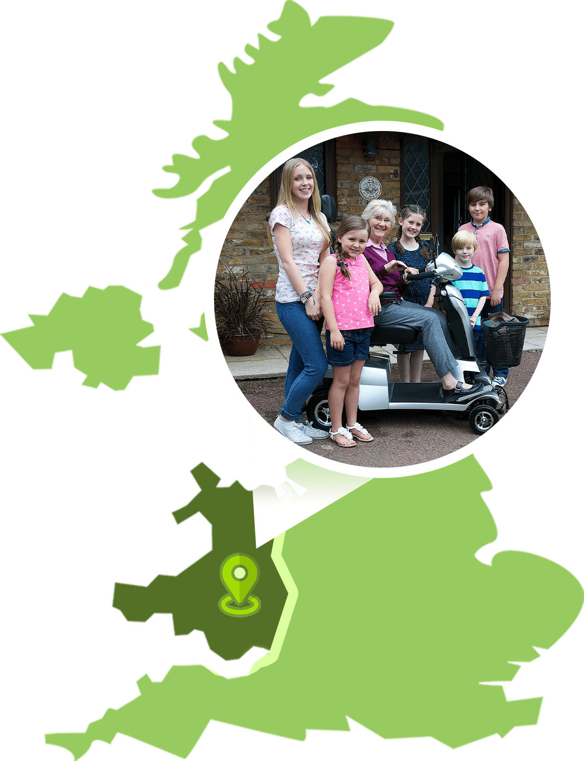 A map of the UK with a large map marker of a family photo with a scooter, pointing to Wales