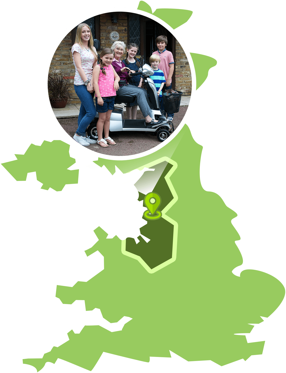 A map of the UK with a large map marker of a family photo with a scooter, pointing to the North West
