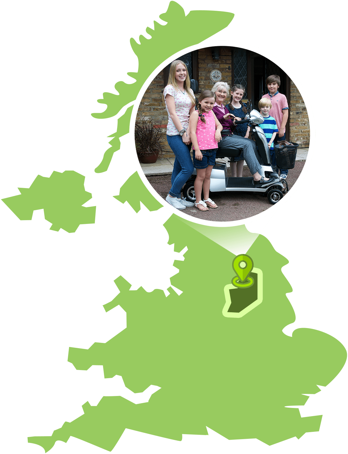 A map of the UK with a large map marker of a family photo with a scooter, pointing to Nottingham