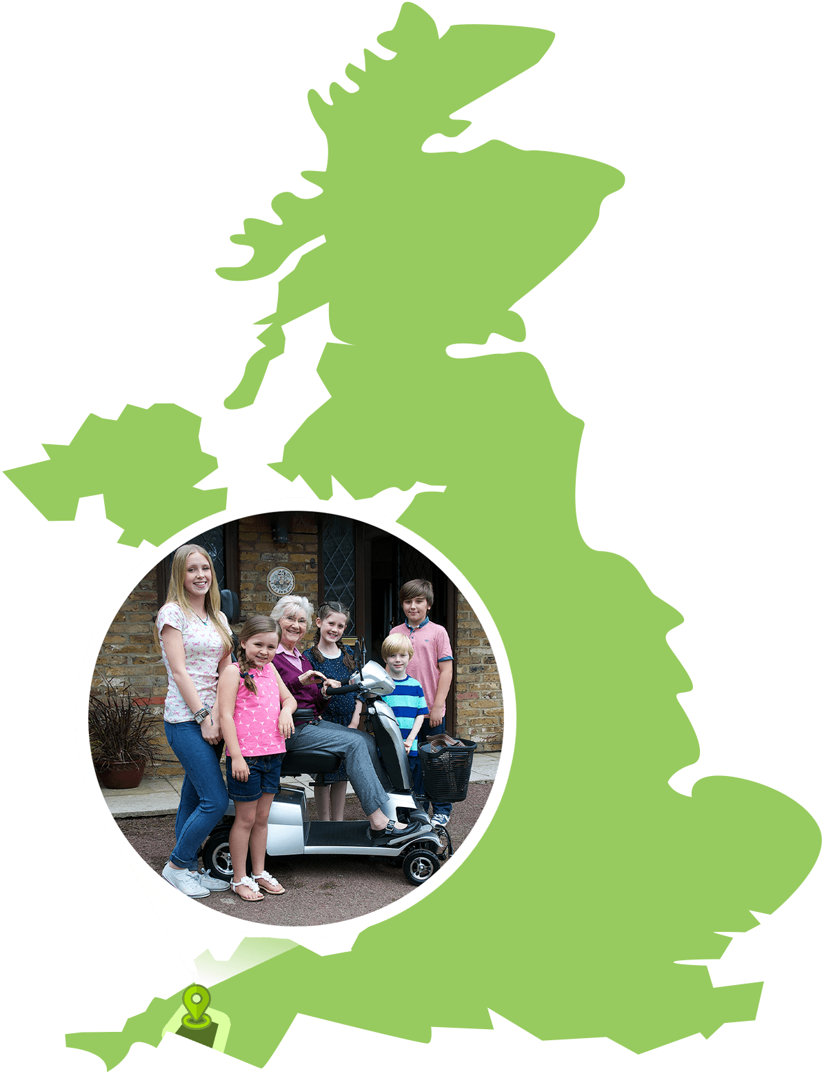 A map of the UK with a large map marker of a family photo with a scooter, pointing to Plymouth
