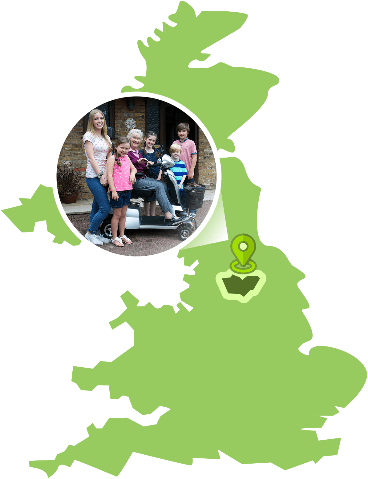 A map of the UK with a large map marker of a family photo with a scooter, pointing to Sheffield
