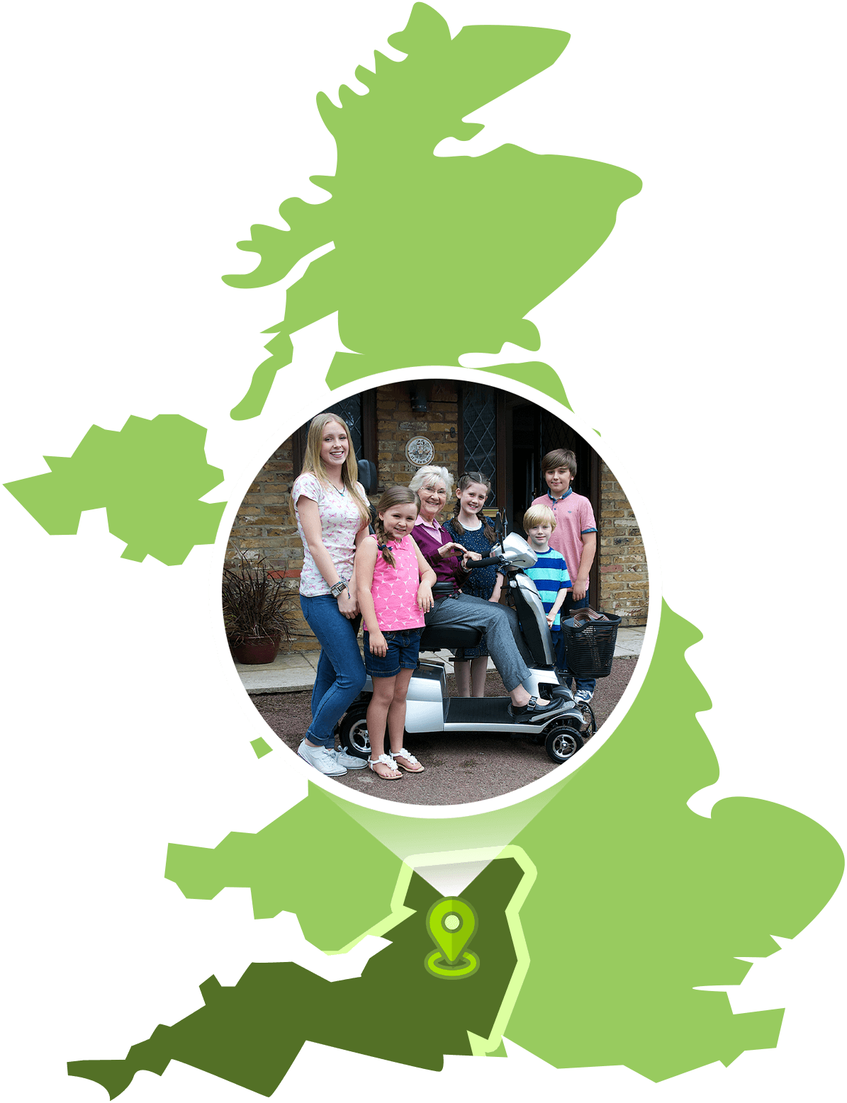 A map of the UK with a large map marker of a family photo with a scooter, pointing to the South West