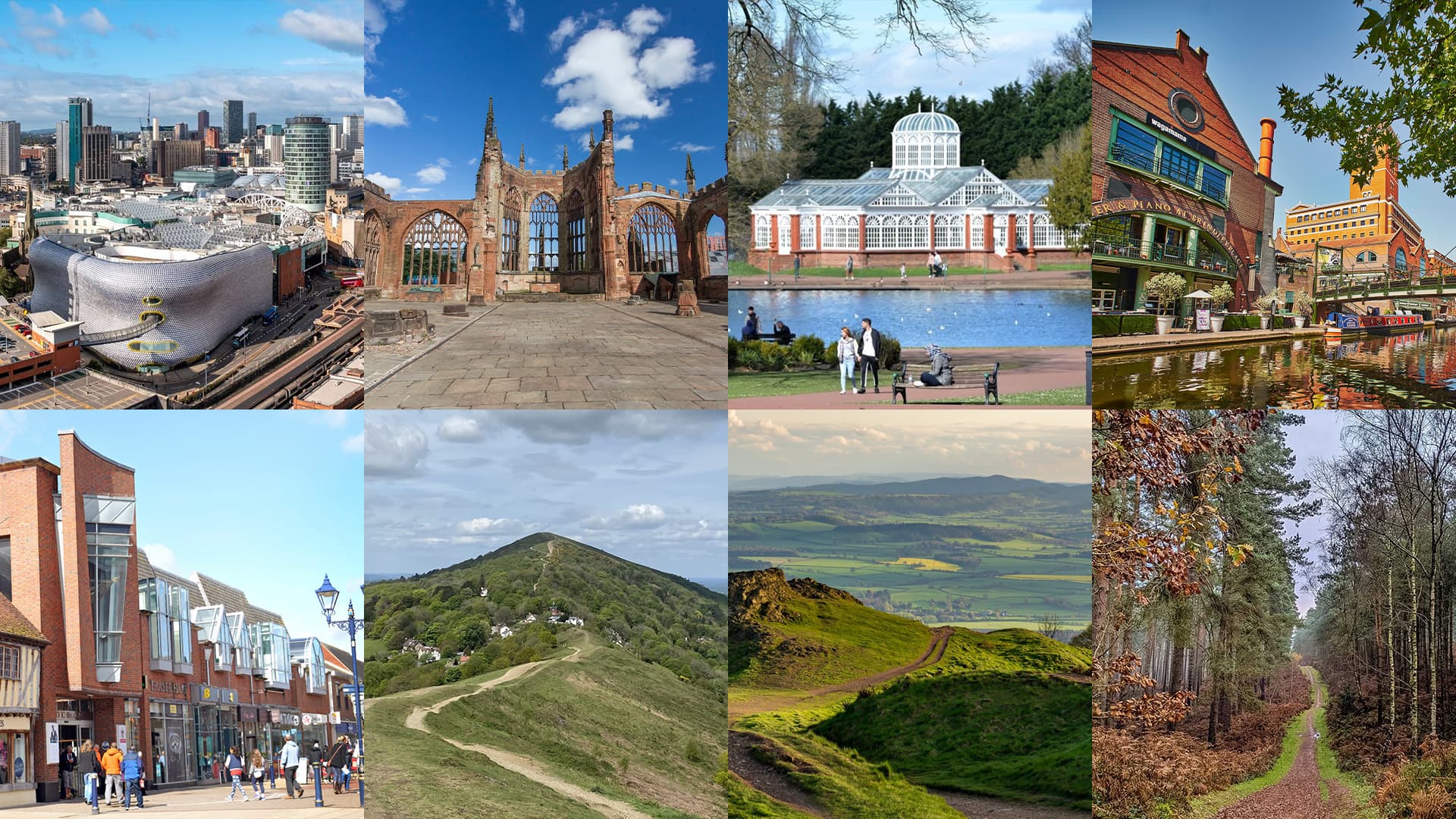 Eight different landmarks located within the West Midlands