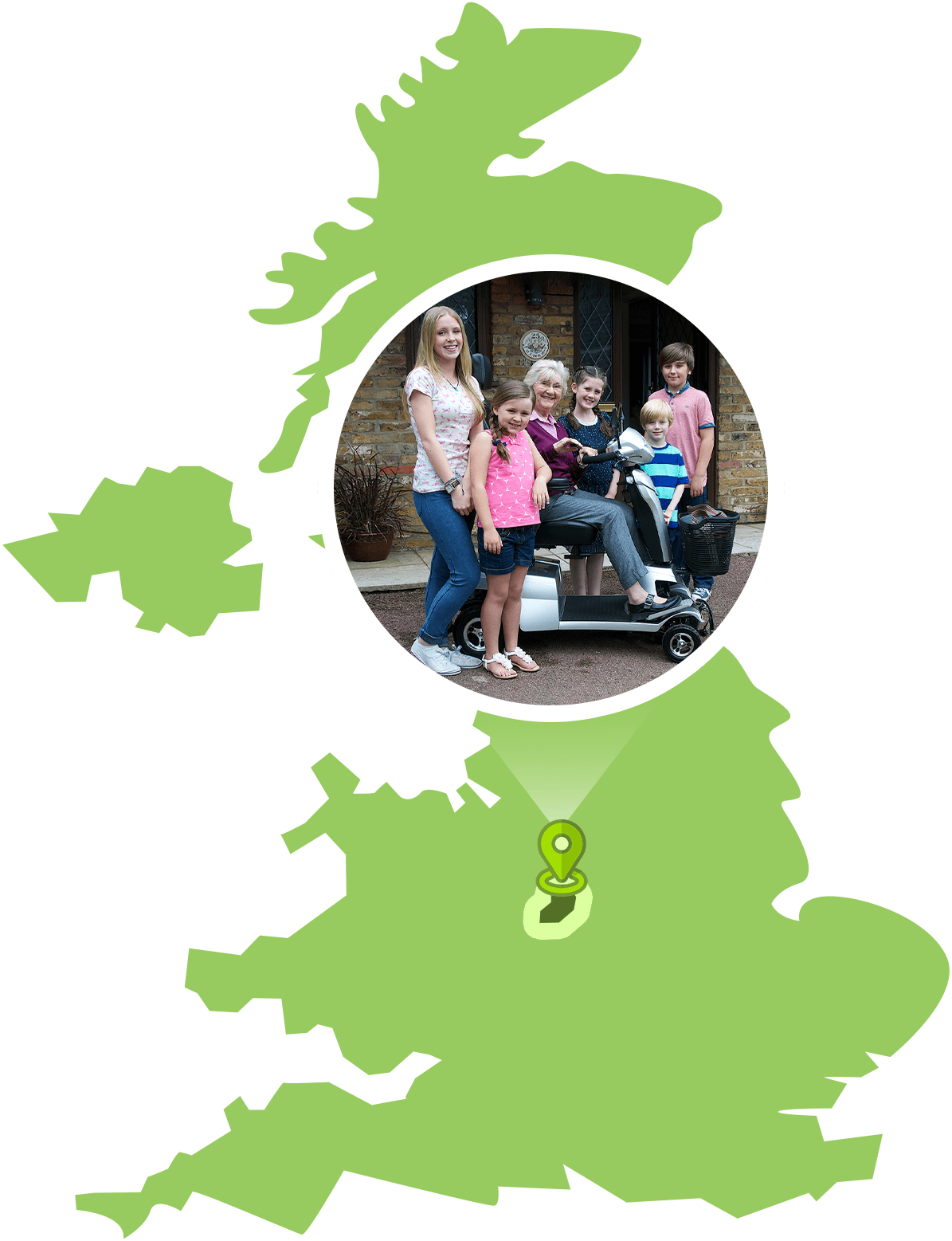 A map of the UK with a large map marker of a family photo with a scooter, pointing to Birmingham