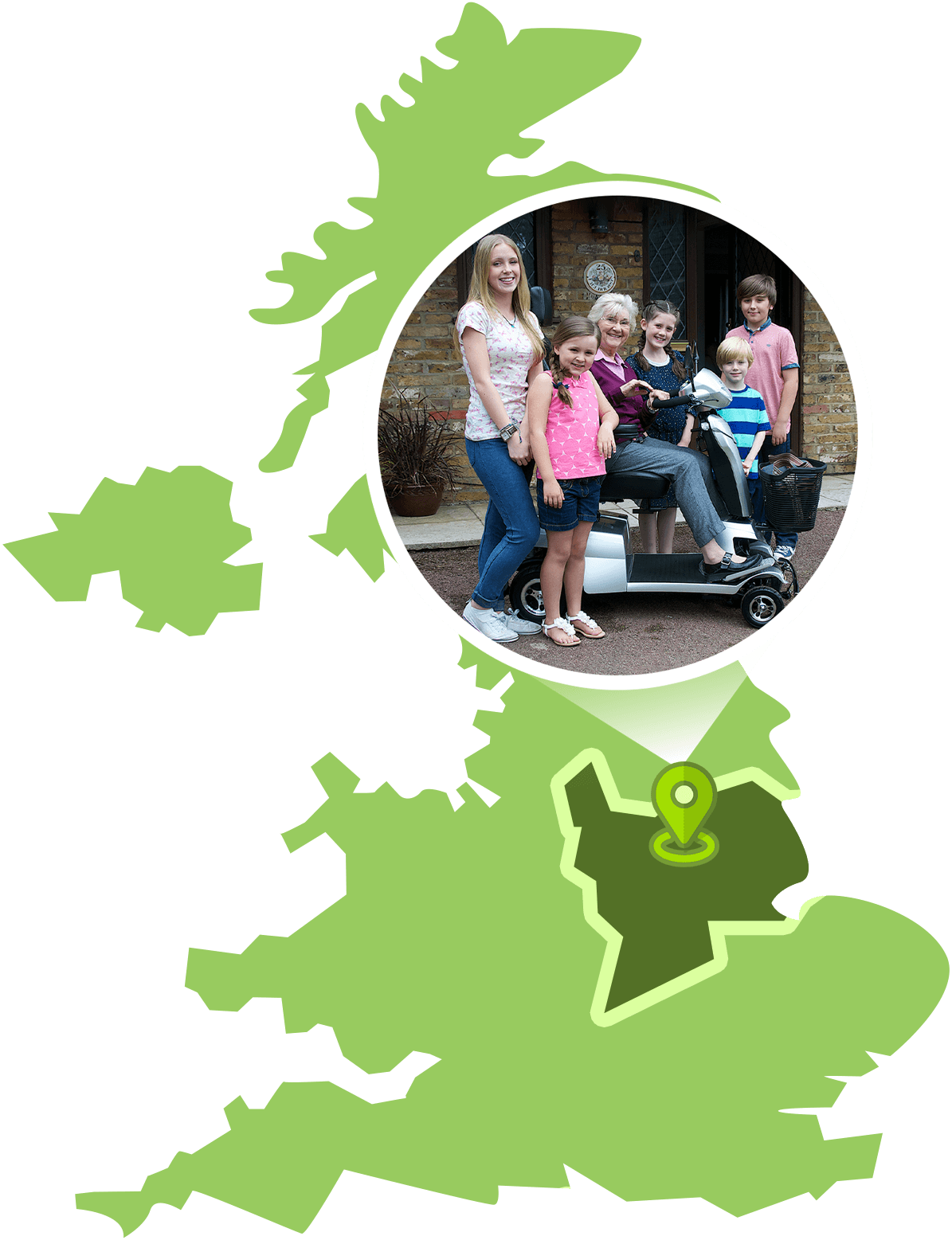 A map of the UK with a large map marker of a family photo with a scooter, pointing to the East Midlands