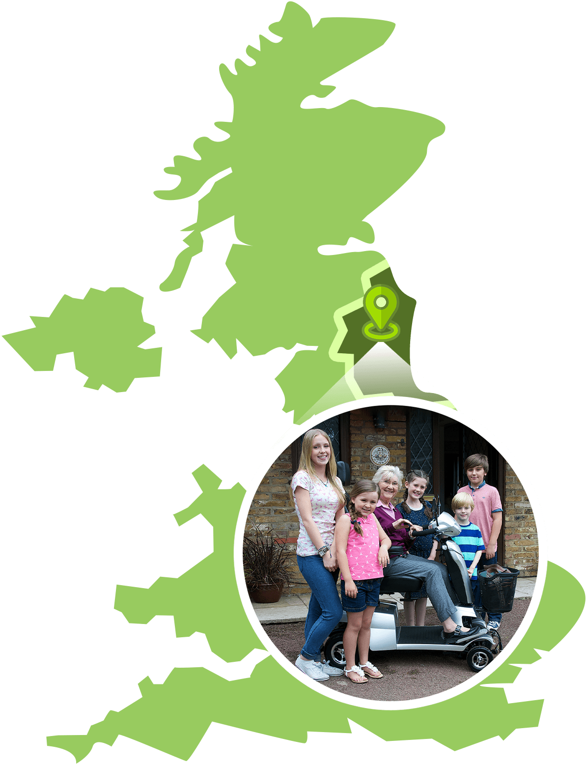 A map of the UK with a large map marker of a family photo with a scooter, pointing to the North East
